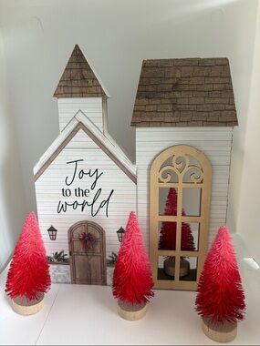 Wooden tabletop Christmas church “joy to the World” red bottle brush tree set